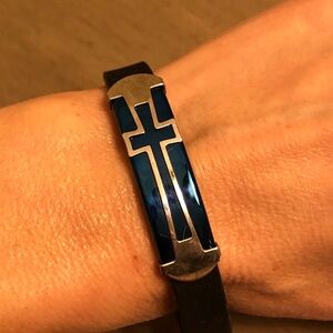 Men's Stainless Steel Black and Silver Tone Metallic Blue Cross Bracelet